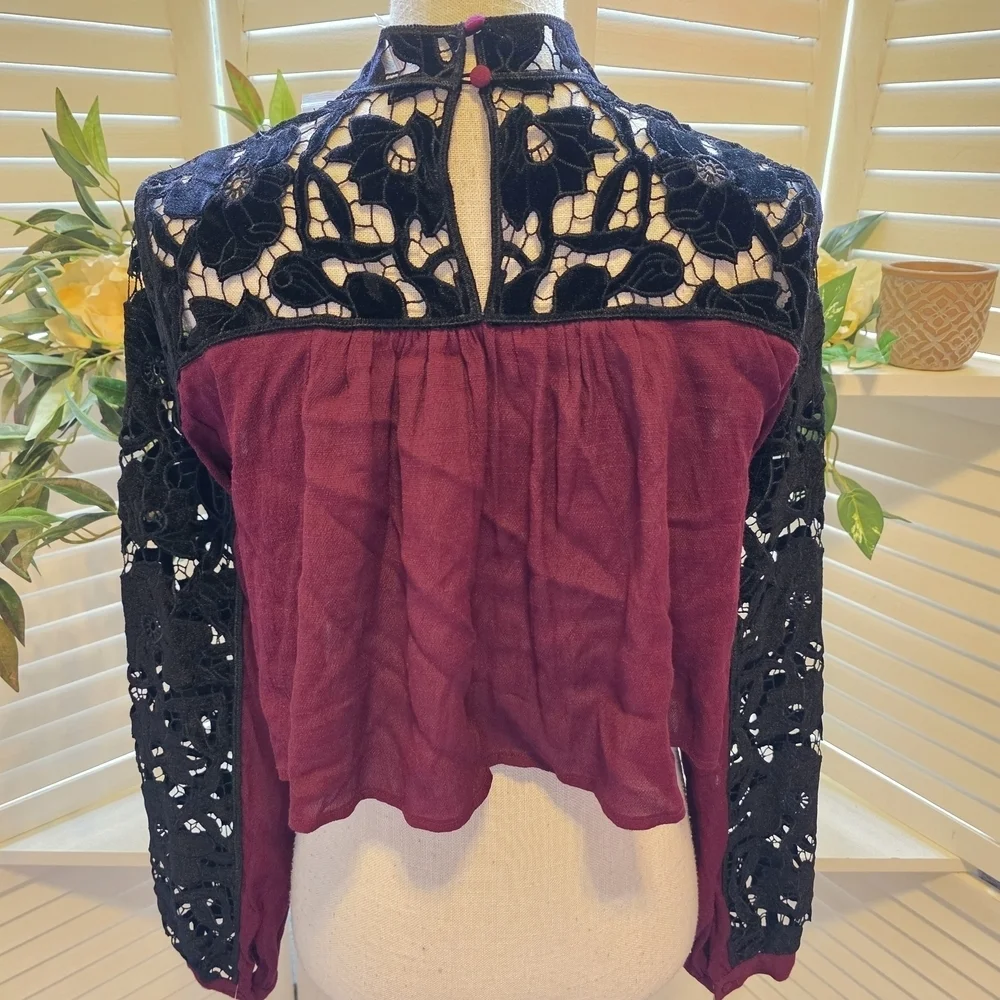 Free People Burgundy and Black Lace Blouse
